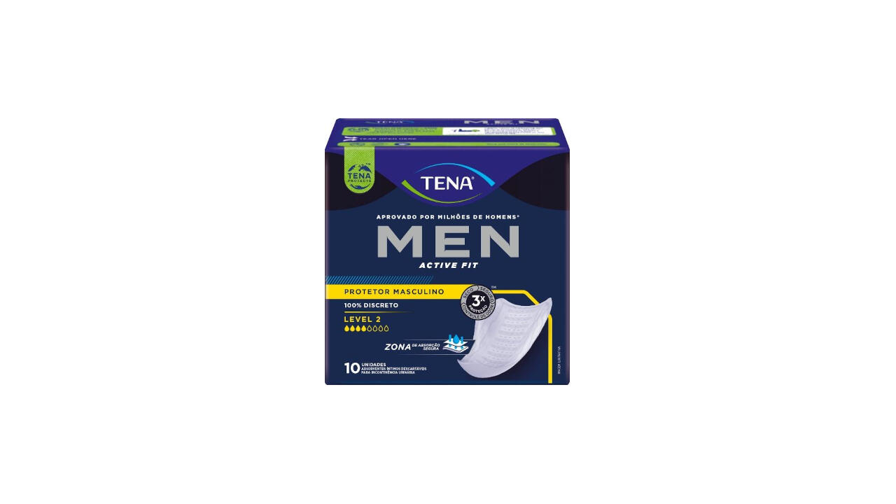Para casos de perda urinária leve a moderada, o absorvente TENA Men tem também controle de odor | Imagem: Site Essity