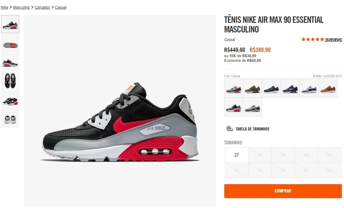 Tênis Nike Air Max 90 Essential preto cinza vermelho