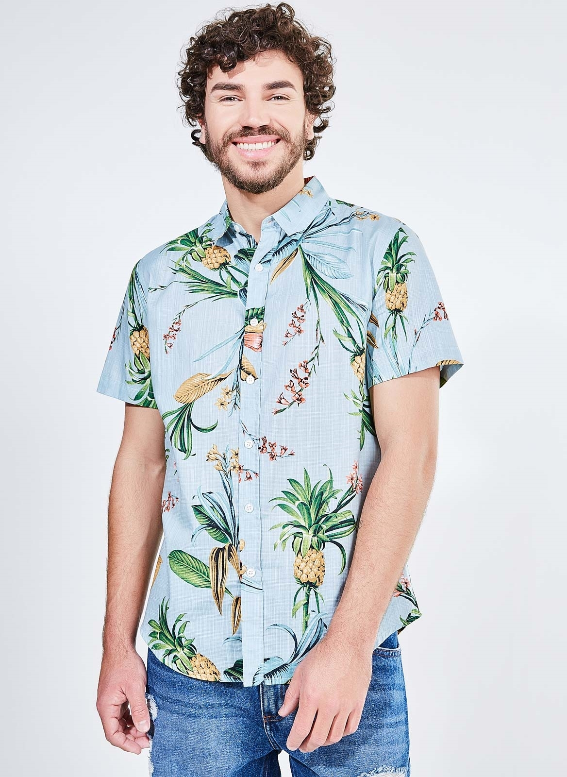 CAMISA MANGA CURTA ESTAMPA TROPICAL