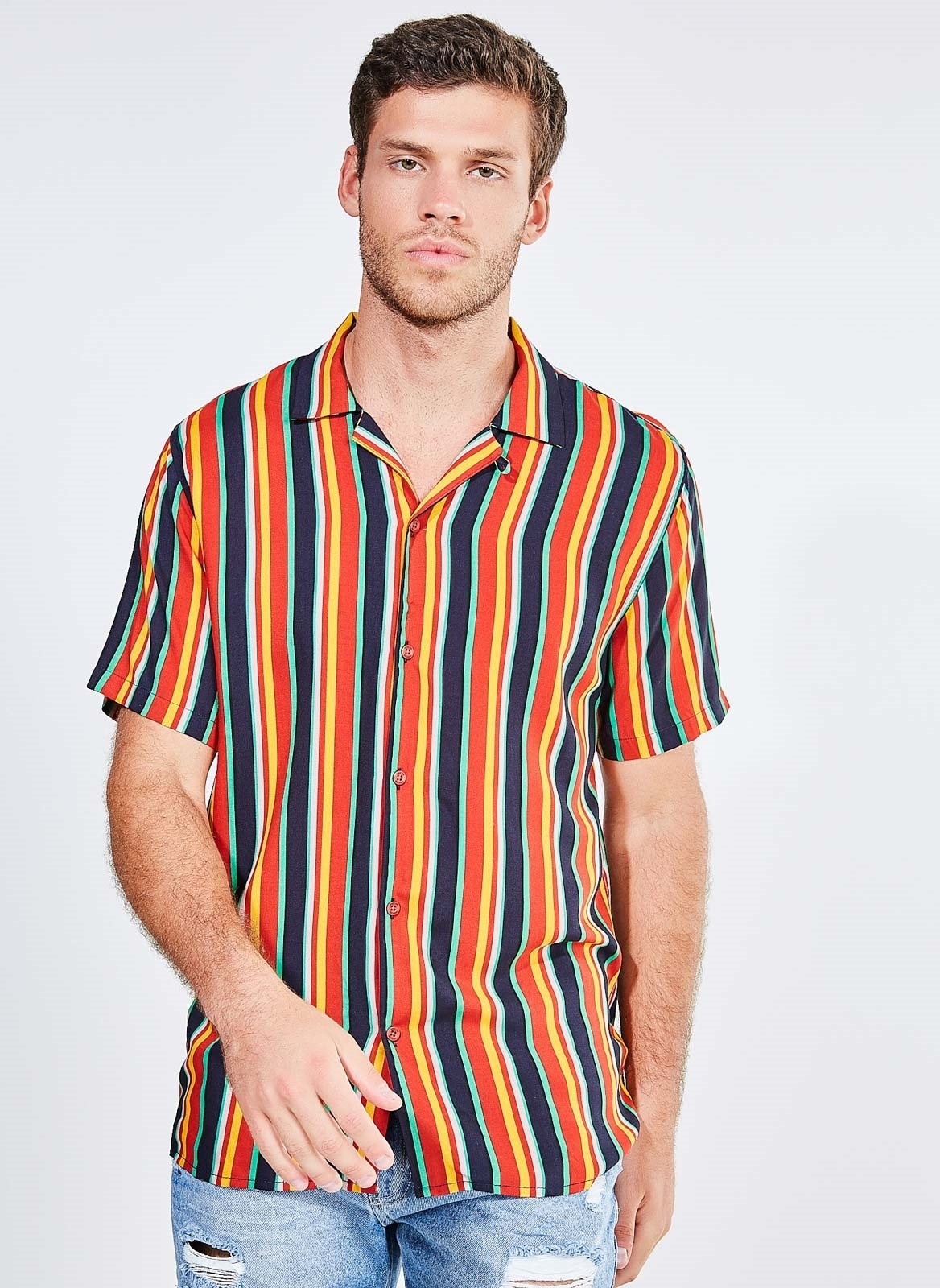 CAMISA MANGA CURTA LISTRADA EM VISCOSE Presentes de Natal