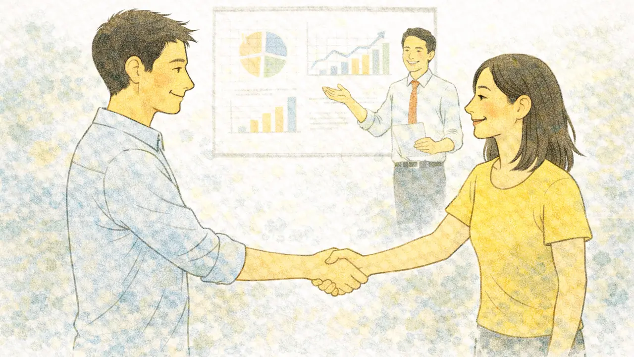 Duas pessoas apertando as mãos após uma apresentação feita por um terceiro, simbolizando uma conexão bem-sucedida.