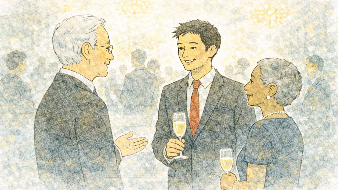 Homem em um evento de gala ou conferência de alto nível, conversando com figuras importantes.