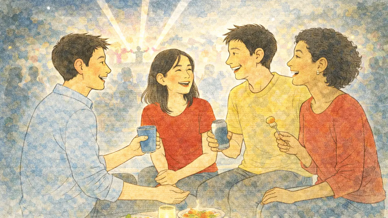 Grupo de amigos rindo e desfrutando de uma experiência única, como um show ao ar livre ou um jantar temático.