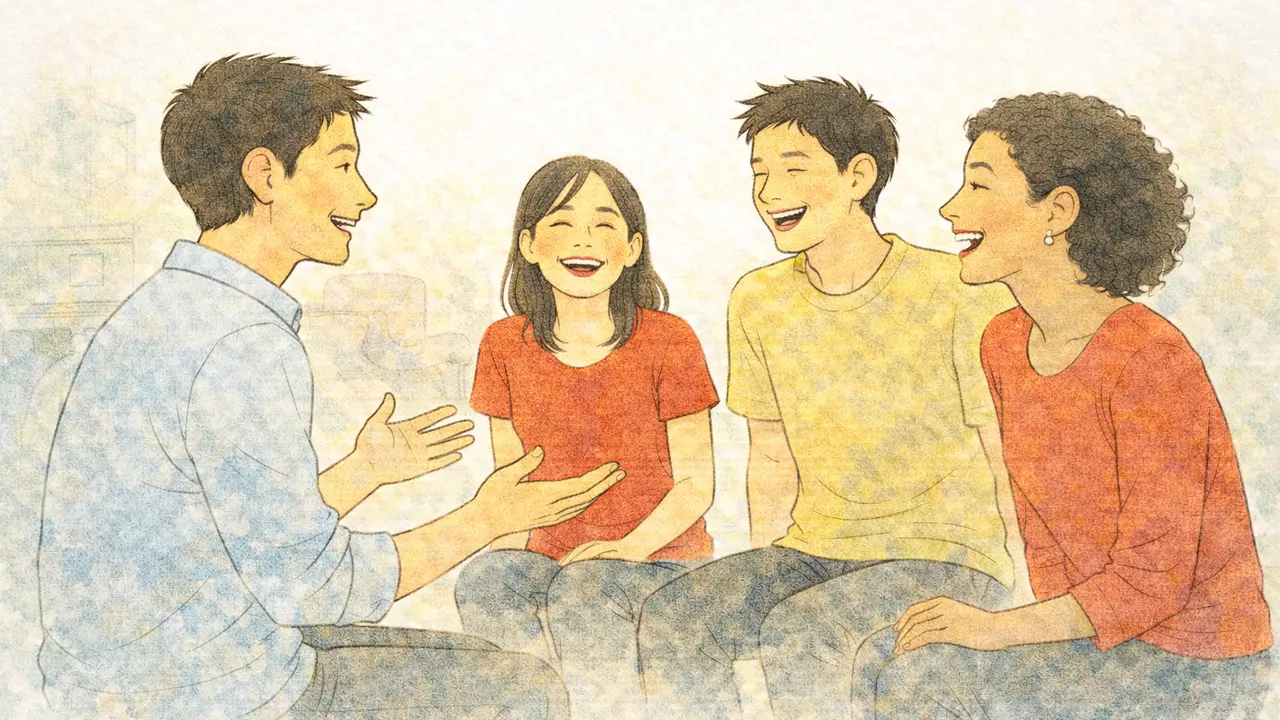 Homem contando uma história engraçada em uma roda de amigos, todos rindo e se divertindo.