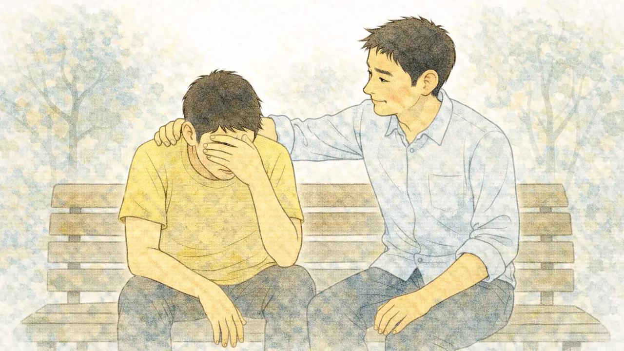 Dois amigos conversando em um banco de praça, um deles oferecendo apoio e escuta atenta ao outro.