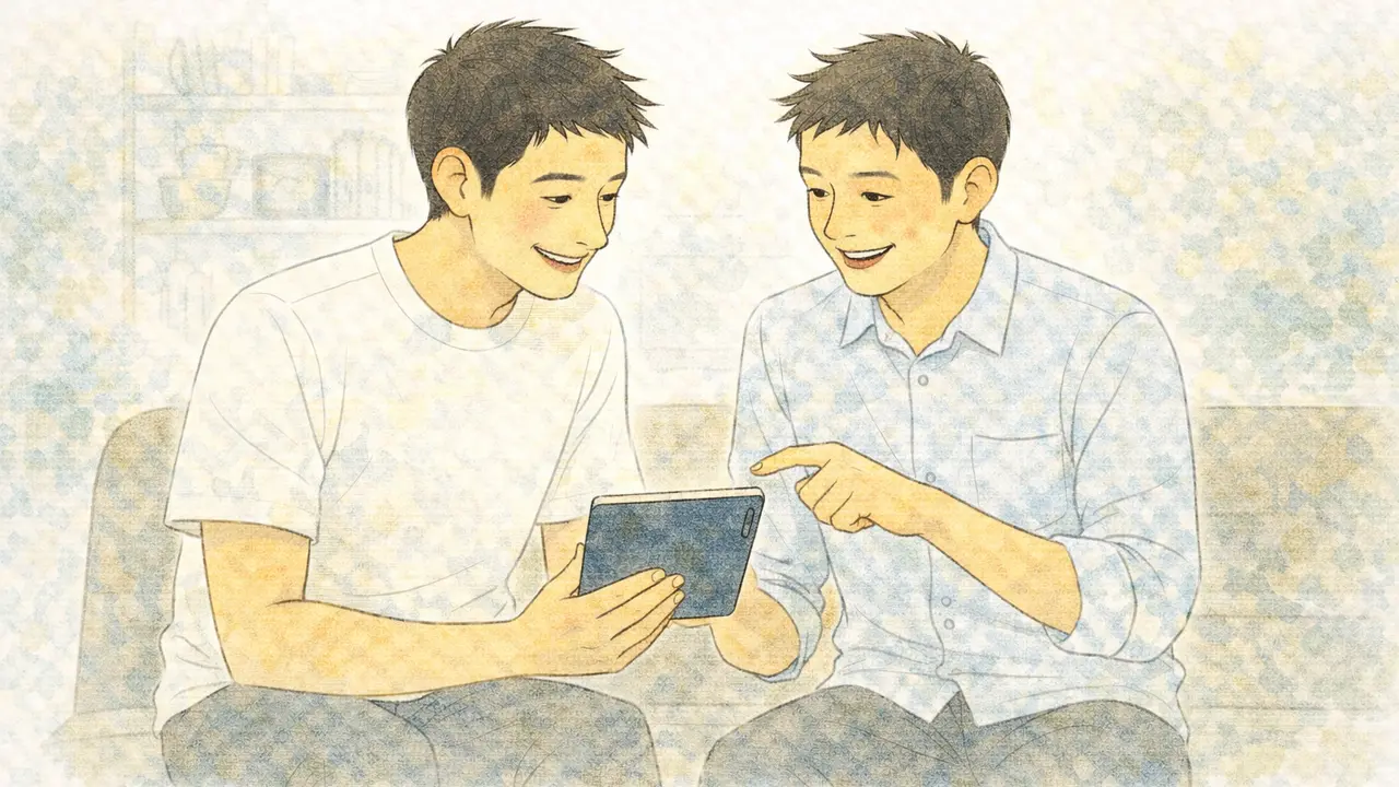 Homem mostrando um novo gadget ou um livro interessante para um amigo, ambos engajados na conversa.