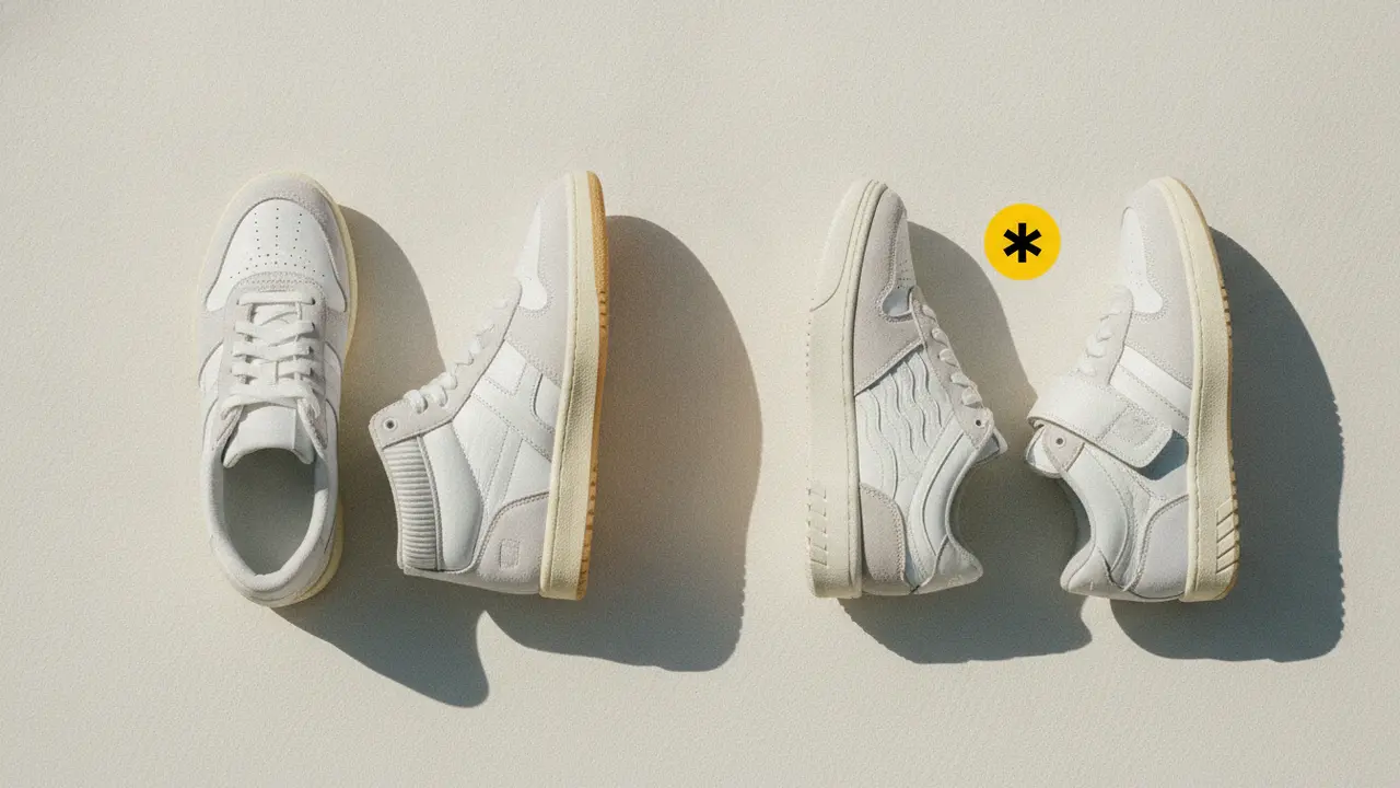 Top-down editorial comparison of four distinct white retro court sneakers, low-top and mid-top silhouettes clearly vi...