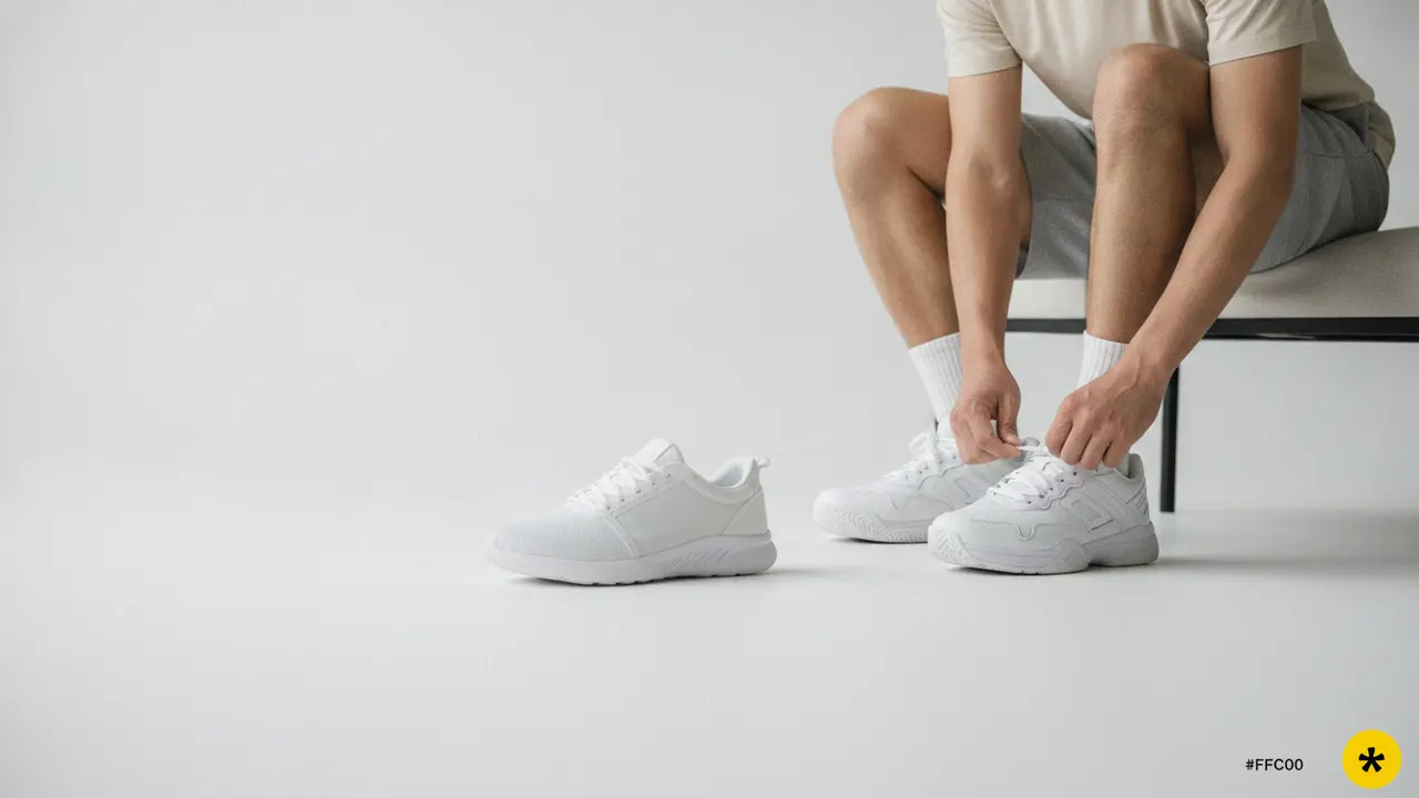 A realistic editorial comparison scene showing a lightweight white everyday sneaker and a white hard-court tennis sho...