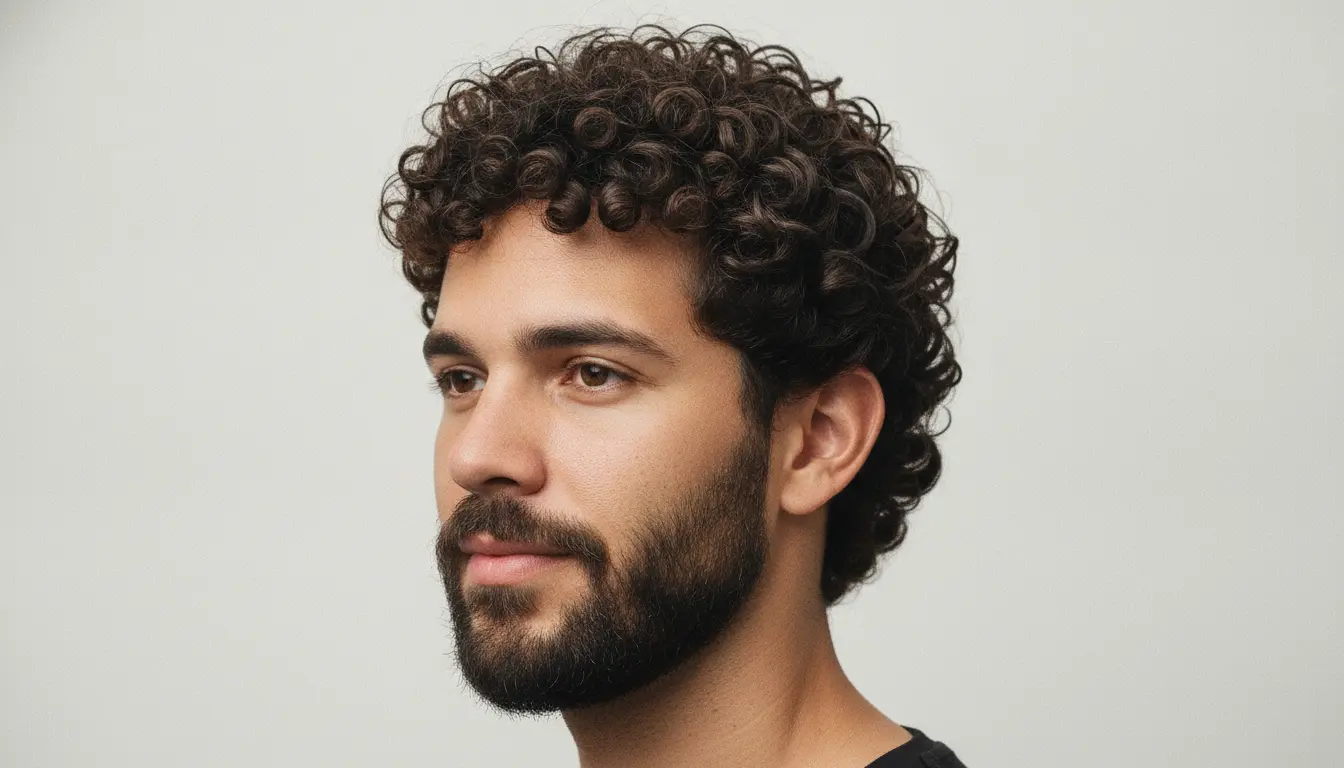 Retrato de estúdio de homem brasileiro com cabelo cacheado tipo 3B em molas definidas