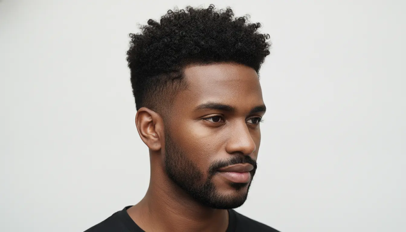 Retrato de estúdio de homem afro-brasileiro com cabelo cacheado tipo 3C compacto