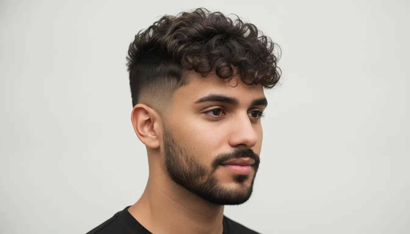 Homem brasileiro com burst fade moderno e franja cacheada