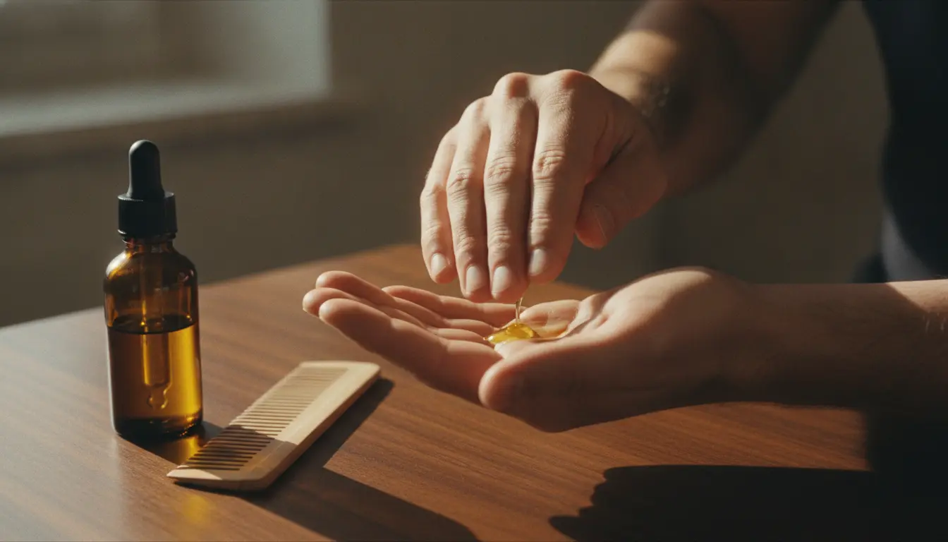 Aplicação de gotas de óleo de argan nas mãos para nutrição capilar masculina