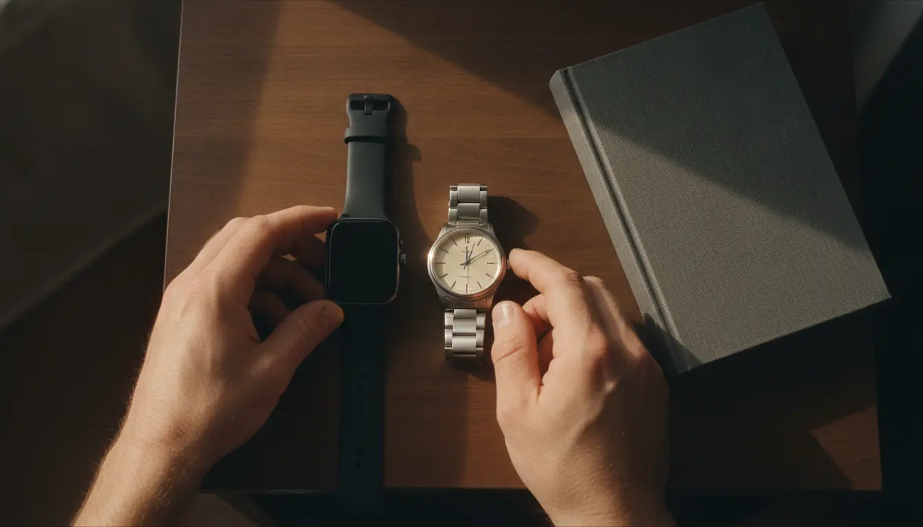 Mãos masculinas retirando um smartwatch preto e colocando ao lado de um relógio analógico clássico e um livro sobre a mesa de cabeceira