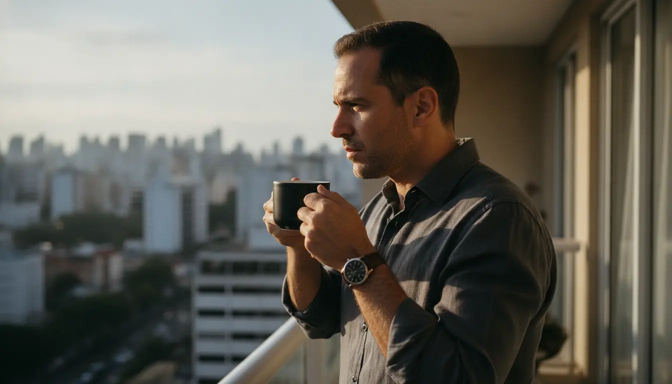 Homem brasileiro tomando café na varanda pela manhã usando relógio analógico clássico com expressão tranquila e focada