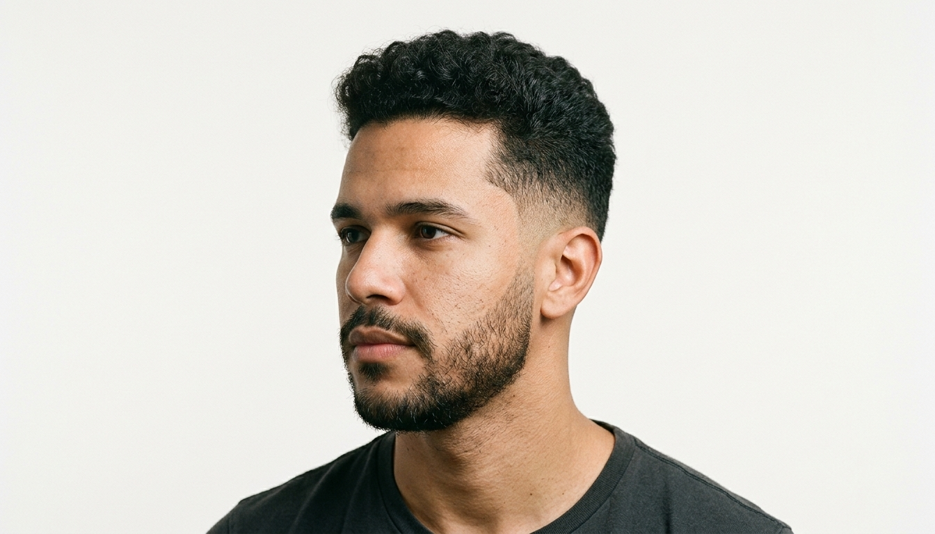 Retrato de estúdio de homem brasileiro com corte low taper fade autêntico