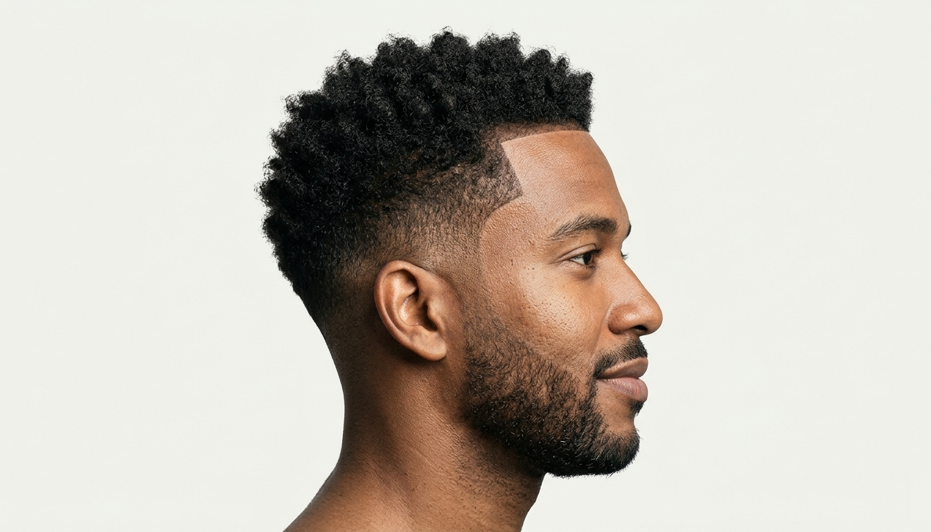 Perfil de homem afro-brasileiro com low taper fade e cabelo crespo