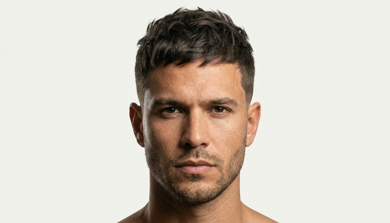 Homem com corte low taper fade em cabelo liso com textura fosca