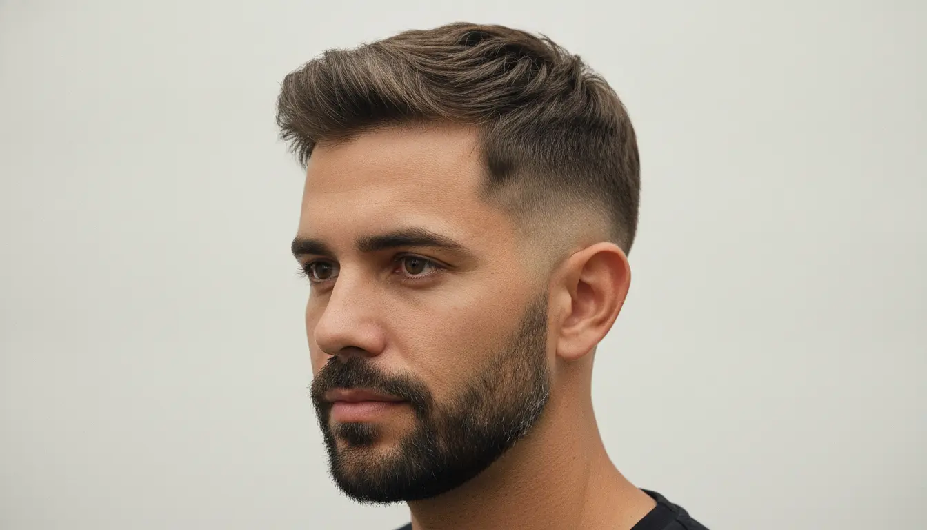 Retrato em ângulo de homem com finalização de corte clássico na tesoura