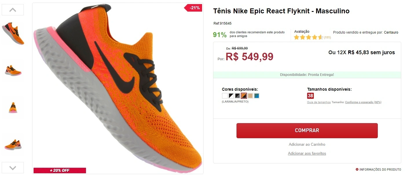 tênis Nike Epic React Flyknit laranja
