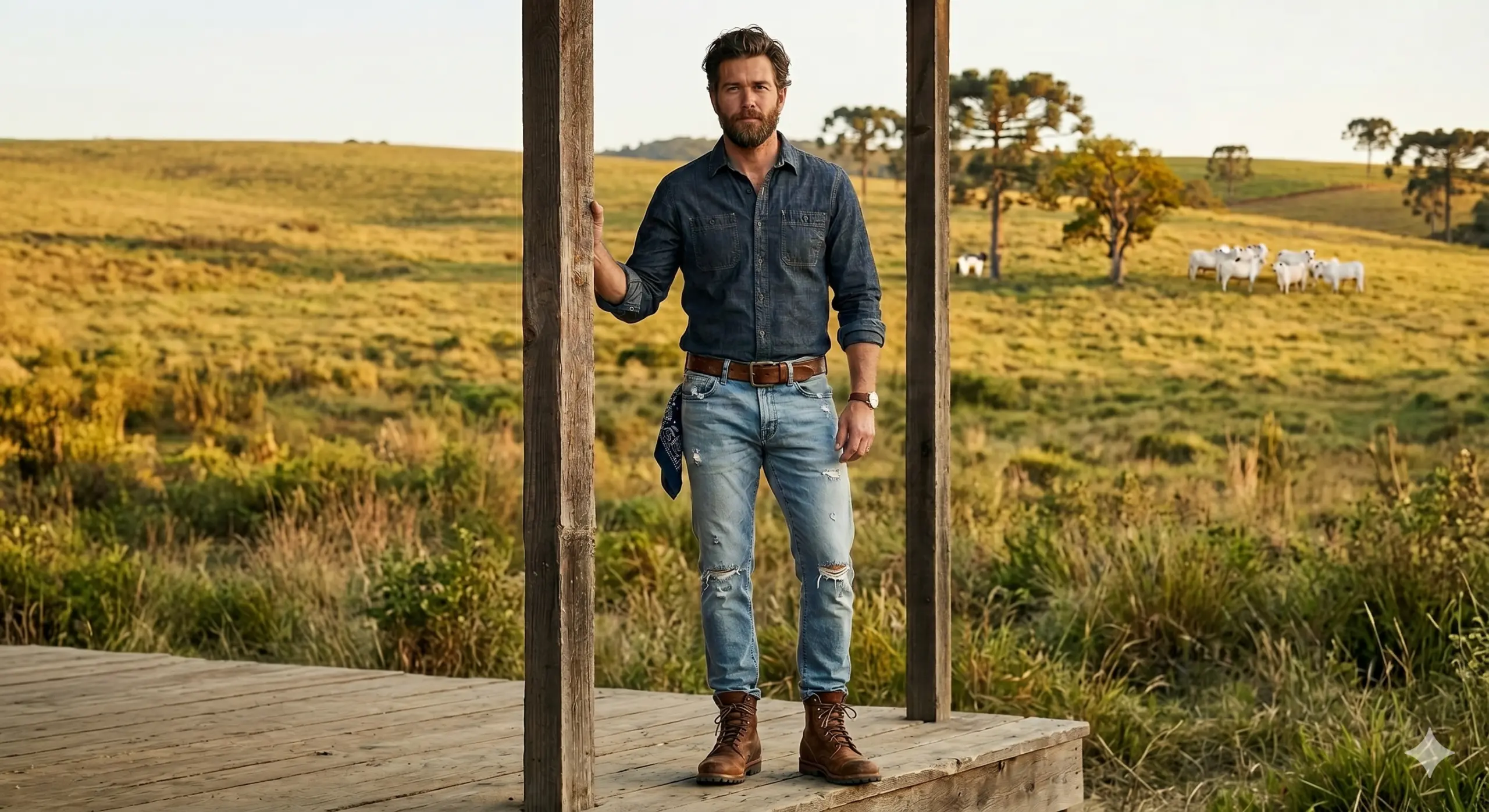 Estilo Ranch Revival (Camisa de Denim + Bota de Couro)