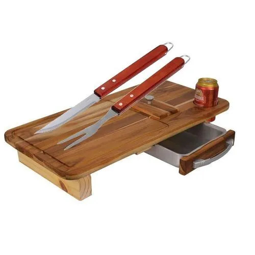 Kit Churrasco 01 Tábua Inteligente Stylo Grill Com Gaveta + 01 Conjunto Garfo Faca Trinchante MOR