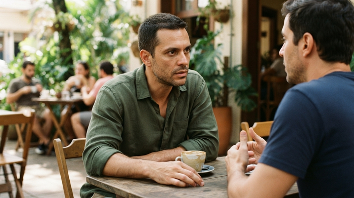 Two adult male friends talking honestly at a quiet outdoor café table, one leaning forward listening with focused eye...