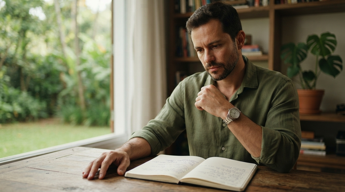 A man reviewing a handwritten weekly plan beside a window, one hand resting on the table and the other adjusting a wr...