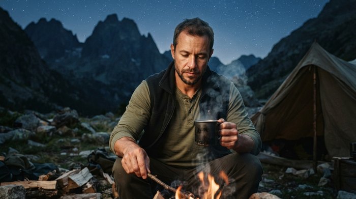 Full-bleed authentic cinematic photography, 35mm film still, shot on Leica M11. A 33-year-old Brazilian man camping i...