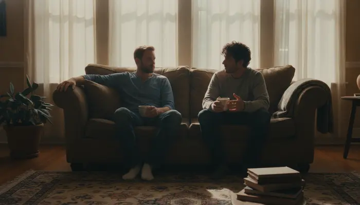 Full-bleed authentic cinematic photography, 35mm film still. A medium shot of two adult male roommates sitting on a l...