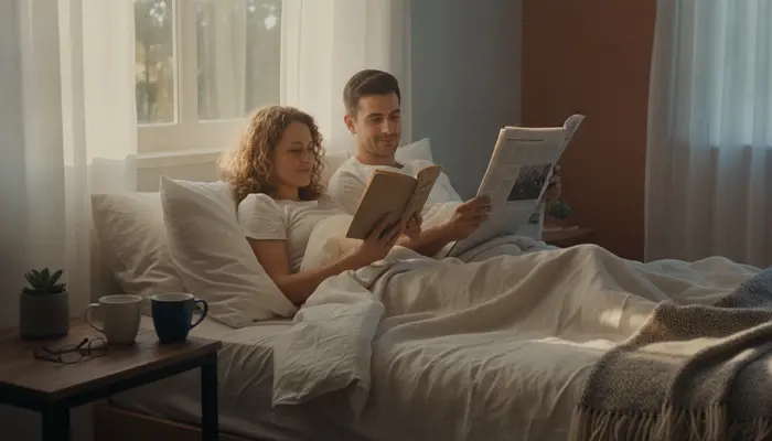 Casal deitado na cama de manhã lendo jornais e livros com xícaras de café na cabeceira, expressão de tranquilidade e ...