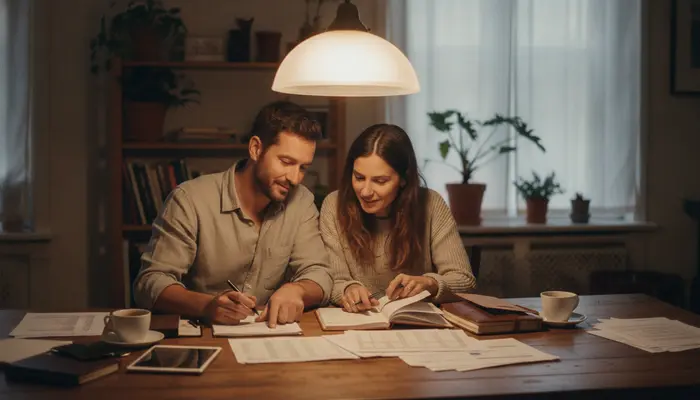 Casal sentado à mesa de jantar analisando planilhas e cadernos com expressão serena e cooperativa, luz quente de lumi...