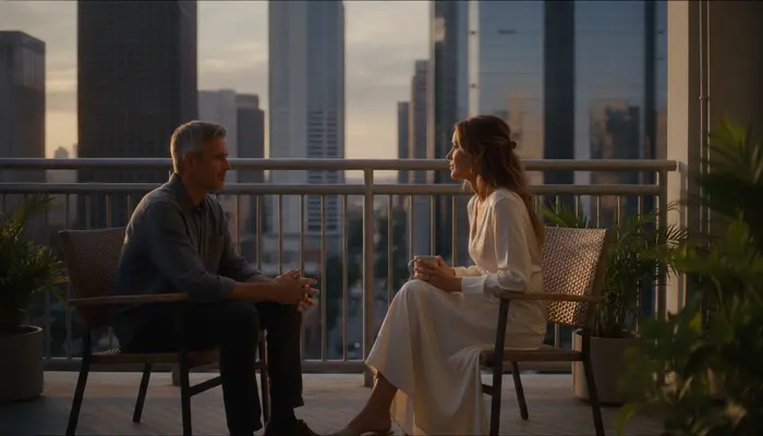 Homem em conversa reflexiva com sua companheira em uma varanda urbana ao entardecer, postura de respeito e serenidade...