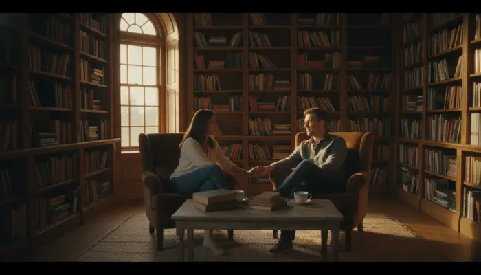Casal sentado em poltronas confortáveis de sala de leitura conversando calmamente de mãos dadas, sem telas por perto,...