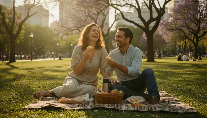 Authentic 35mm cinematic photograph of an adult Brazilian couple in their 30s sitting together on a woven picnic blan...
