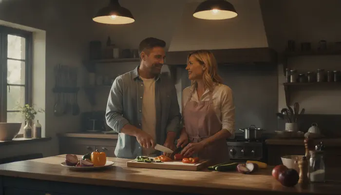 35mm film still of a man and woman cooking together in a cozy warm kitchen, slicing fresh vegetables on a wooden cutt...