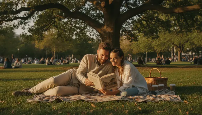 Candid 35mm film still of a couple reclining on a blanket in an urban park, reading pages of a shared paperback book ...