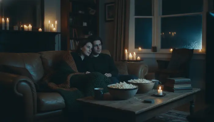 35mm film still of a living room at night illuminated solely by candle glow and the soft reflection of a television s...