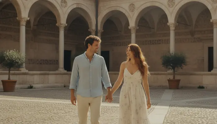 Medium candid shot on 35mm film of a man and woman walking hand-in-hand through a sunlit courtyard of a historic ston...