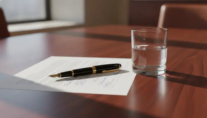 Full-bleed authentic cinematic editorial photography, detail shot, 35mm film still. An executive's fountain pen resti...