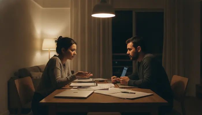 Full-bleed authentic cinematic photography, 35mm film still, shot on Leica M11. A 33-year-old Brazilian couple sittin...