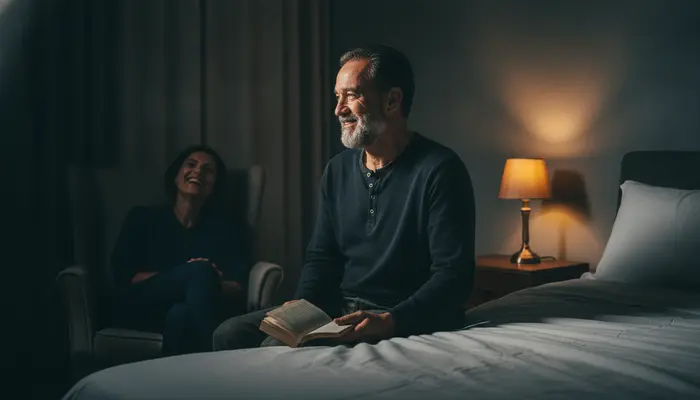 Candid, cinematic editorial scene in a modern dimly lit bedroom late at night. A mature Brazilian man in a dark cotto...