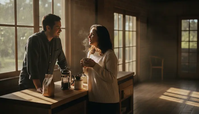 Authentic lifestyle candid moment of a mature Brazilian couple in their 30s having a peaceful morning conversation le...