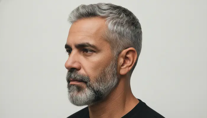 Head-and-shoulders studio bust portrait of an authentic 42-year-old Brazilian man showcasing the natural biological t...