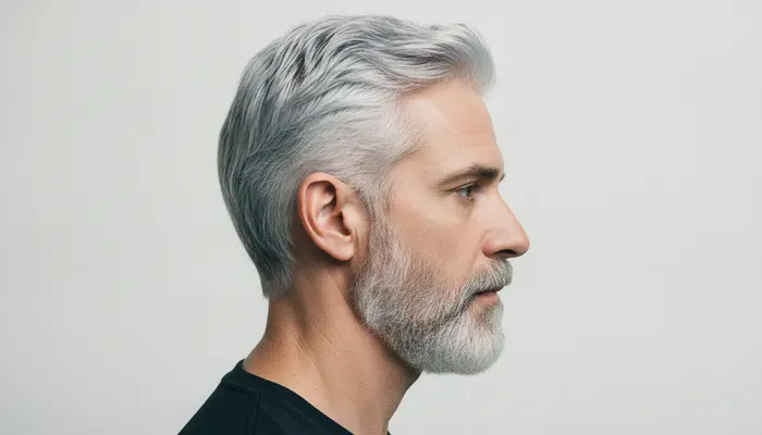 Close-up studio bust profile portrait of a 46-year-old Brazilian gentleman demonstrating clean, radiant silver-toned ...