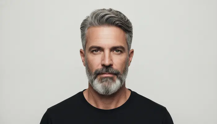 Frontal studio bust portrait of a confident 43-year-old Brazilian gentleman demonstrating the peak aesthetic of an em...