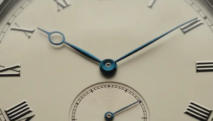 Macro zoom detail of classic mechanical watch hands gliding across a textured porcelain dial. Razor-sharp focus on he...