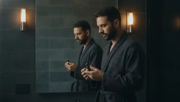 Candid, cinematic editorial opening scene in 35mm film still, shot on Leica M11 with 50mm lens. An authentic 32-year-...