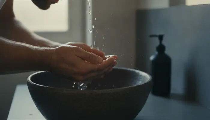Candid, cinematic editorial close-up shot in 35mm film, eye-level angle. Focus on the hands of a 30-year-old man cupp...