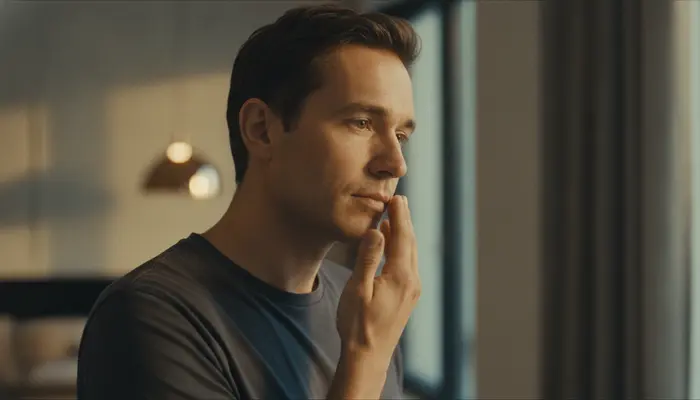 Candid, cinematic editorial medium shot in 35mm film. A 34-year-old man in three-quarter profile wearing a dark crewn...