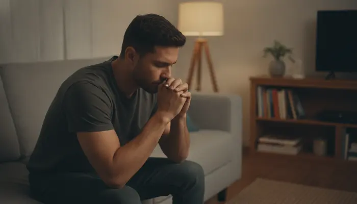 A 33-year-old Brazilian man sitting at the edge of a living room sofa in the quiet evening, leaning his elbows on his...